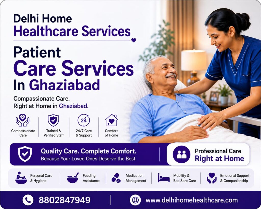 Patient care services in Ghaziabad with trained caregivers providing home healthcare support for senior citizens