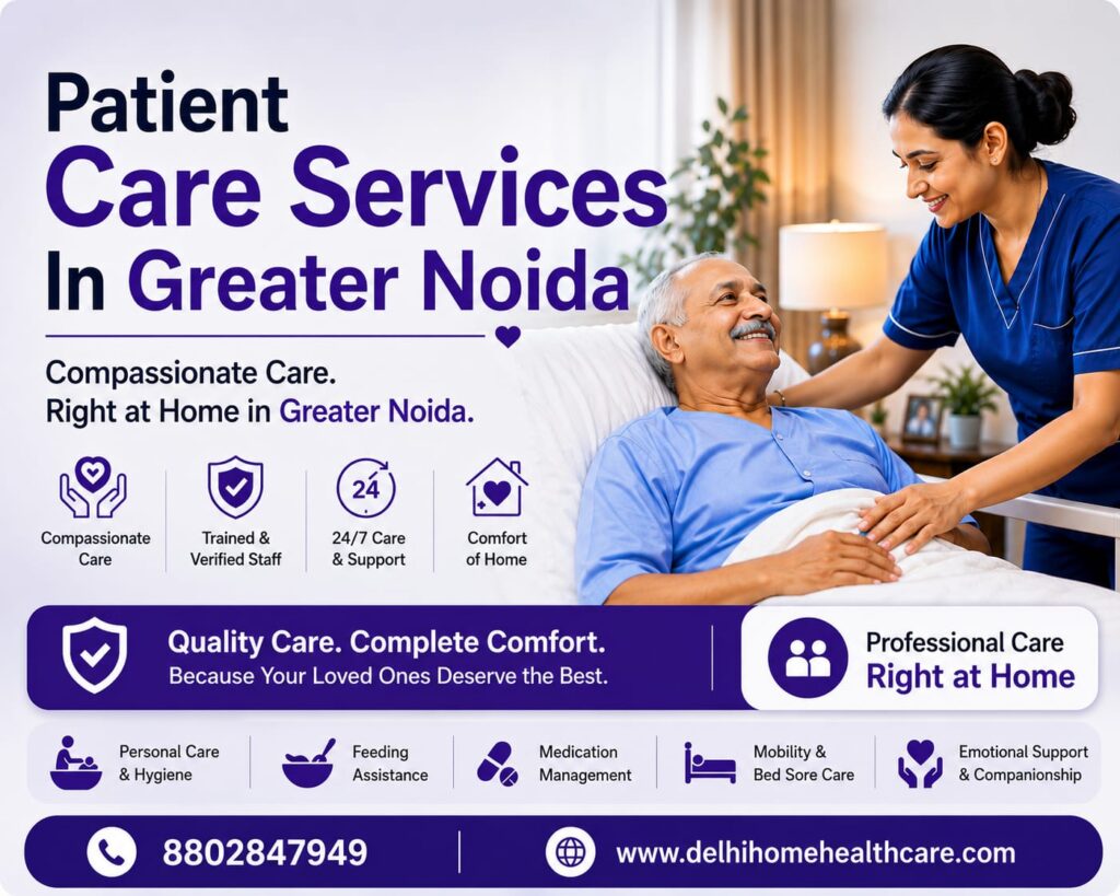 Patient care services in Greater Noida with trained caregivers providing home healthcare support for elderly patients